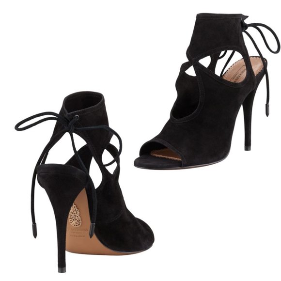 Aquazzura Sexy Thing 105 Cutout Peep Toe Sandals Sz 36 Black Suede Back Ties - Picture 3 of 13